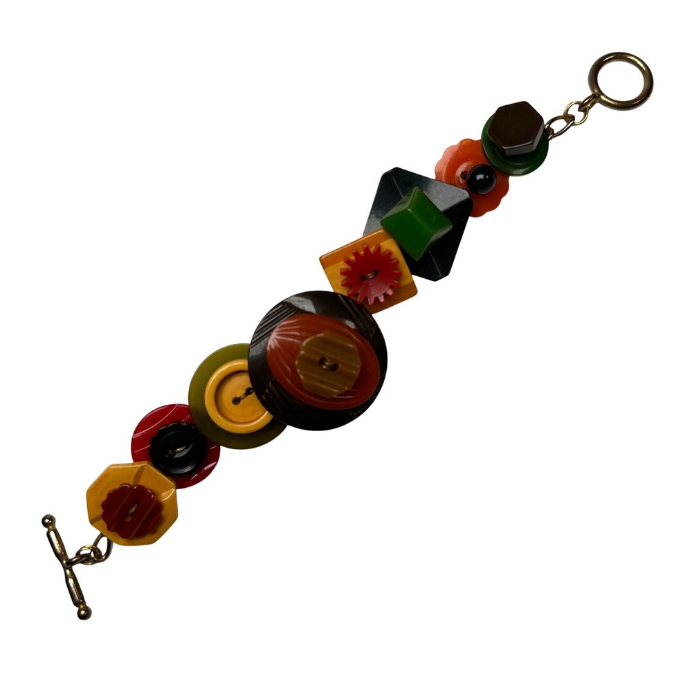 Multi Color Bakelite Button Charm Bracelet Toggle Clasp Earth Tones Statement